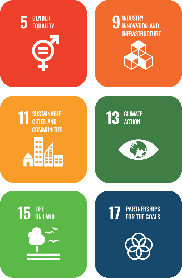 Logo of objective number 5 of the United Nations Sustainable Development Goals - Gender Equality.
Logo of objective number 9 of the United Nations Sustainable Development Goals - Industry, Innovation and Infrastructure.
Logo of objective number 11 of the United Nations Sustainable Development Goals - Sustainable Cities and Communities.
Logo of objective number 13 of the United Nations Sustainable Development Goals - Climate Action.
Logo of objective number 15 of the United Nations Sustainable Development Goals - Life on Land.
Logo of objective number 17 of the United Nations Sustainable Development Goals - Partnerships for the Goals.