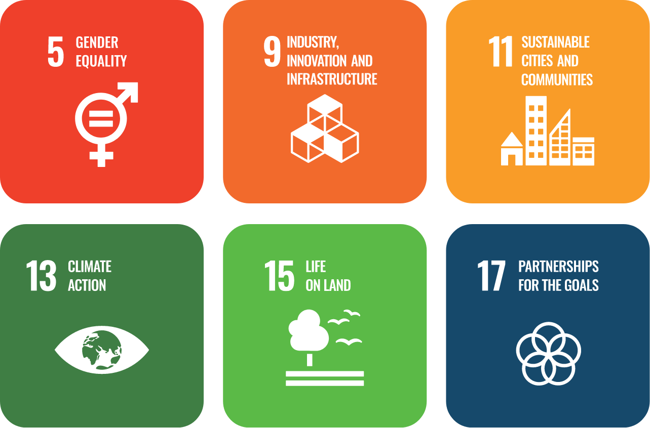 Logo de l’objectif no 5 de l’ODD de l’ONU – Égalité entre les sexes.
Logo de l’objectif no 9 de l’ODD de l’ONU – Industrie, innovation et infrastructure.
Logo de l’objectif no 11 de l’ODD de l’ONU – Villes et communautés durables.
Logo de l’objectif no 13 de l’ODD de l’ONU – Mesures relatives à la lutte contre les changements climatiques.
Logo de l’objectif no 15 de l’ODD de l’ONU – Vie terrestre.
Logo de l’objectif no 17 de l’ODD de l’ONU – Partenariats pour la réalisation des objectifs.