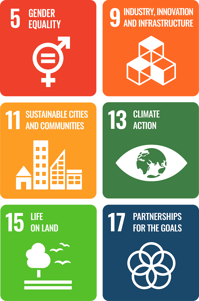 Logo de l’objectif no 5 de l’ODD de l’ONU – Égalité entre les sexes.
Logo de l’objectif no 9 de l’ODD de l’ONU – Industrie, innovation et infrastructure.
Logo de l’objectif no 11 de l’ODD de l’ONU – Villes et communautés durables.
Logo de l’objectif no 13 de l’ODD de l’ONU – Mesures relatives à la lutte contre les changements climatiques.
Logo de l’objectif no 15 de l’ODD de l’ONU – Vie terrestre.
Logo de l’objectif no 17 de l’ODD de l’ONU – Partenariats pour la réalisation des&nbsp;objectifs.