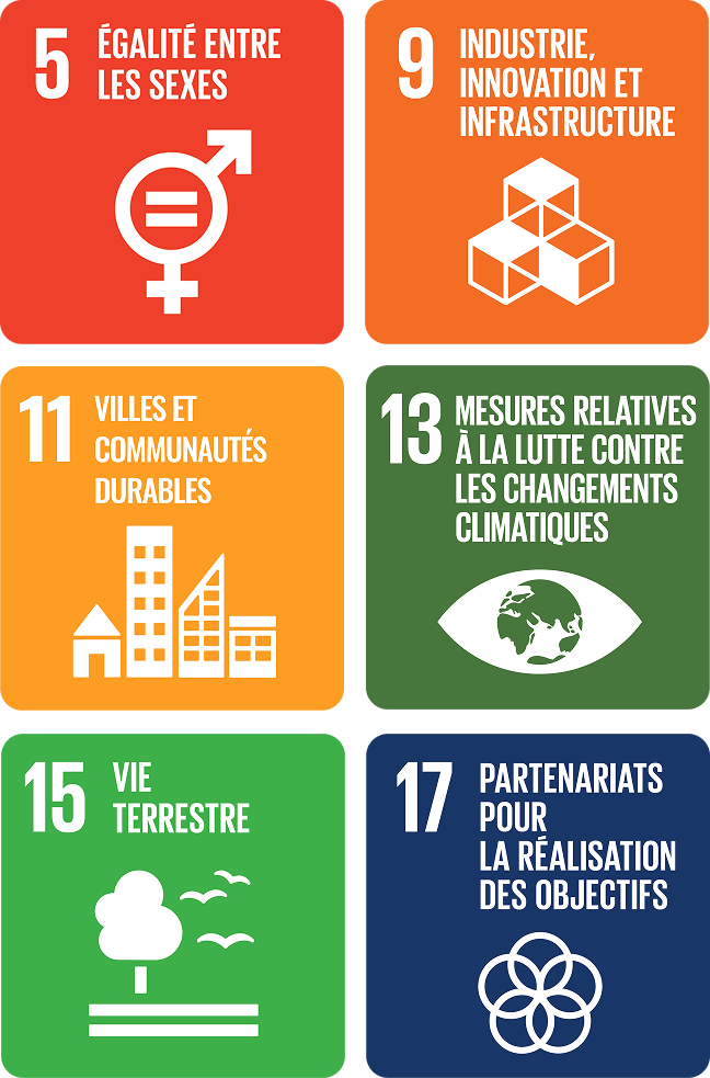 Logo de l’objectif no 5 de l’ODD de l’ONU – Égalité entre les sexes.
Logo de l’objectif no 9 de l’ODD de l’ONU – Industrie, innovation et infrastructure.
Logo de l’objectif no 11 de l’ODD de l’ONU – Villes et communautés durables.
Logo de l’objectif no 13 de l’ODD de l’ONU – Mesures relatives à la lutte contre les changements climatiques.
Logo de l’objectif no 15 de l’ODD de l’ONU – Vie terrestre.
Logo de l’objectif no 17 de l’ODD de l’ONU – Partenariats pour la réalisation des&nbsp;objectifs.