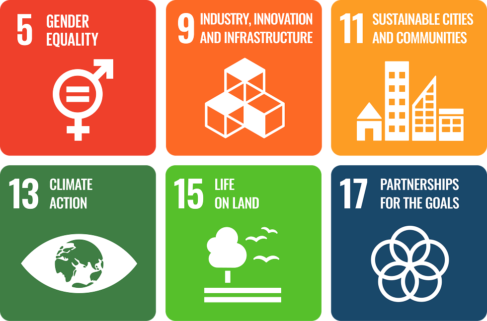 Logo de l’objectif no 5 de l’ODD de l’ONU – Égalité entre les sexes.
Logo de l’objectif no 9 de l’ODD de l’ONU – Industrie, innovation et infrastructure.
Logo de l’objectif no 11 de l’ODD de l’ONU – Villes et communautés durables.
Logo de l’objectif no 13 de l’ODD de l’ONU – Mesures relatives à la lutte contre les changements climatiques.
Logo de l’objectif no 15 de l’ODD de l’ONU – Vie terrestre.
Logo de l’objectif no 17 de l’ODD de l’ONU – Partenariats pour la réalisation des&nbsp;objectifs.