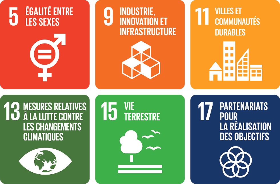 Logo de l’objectif no 5 de l’ODD de l’ONU – Égalité entre les sexes.
Logo de l’objectif no 9 de l’ODD de l’ONU – Industrie, innovation et infrastructure.
Logo de l’objectif no 11 de l’ODD de l’ONU – Villes et communautés durables.
Logo de l’objectif no 13 de l’ODD de l’ONU – Mesures relatives à la lutte contre les changements climatiques.
Logo de l’objectif no 15 de l’ODD de l’ONU – Vie terrestre.
Logo de l’objectif no 17 de l’ODD de l’ONU – Partenariats pour la réalisation des&nbsp;objectifs.